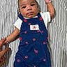 baby, infant, child, striped_sheet, blue_romper, red_buttons, red_bus_prints, white_shirt, white_socks, hand, finger_hold, lying_down, portrait, cute, curious, indoors, bed, fabric, person, newborn