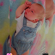Nova Bowling joined the competition — help win amazing prizes! baby, infant, denim_overalls, heart_patch, pastel_blanket, lying_down, cute, child, small_hand, sleepy_eyes, soft_texture, colorful_background, adorable, newborn, baby_clothing, heart_emoji, pink_heart, black_heart, cozy, portrait