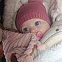 baby, infant, blanket, pacifier, hat, knit_hat, pom_pom, blue_eyes, cozy, warm, wrapped, cute, child, face, portrait, soft_texture, pink, white, comfort, bundle