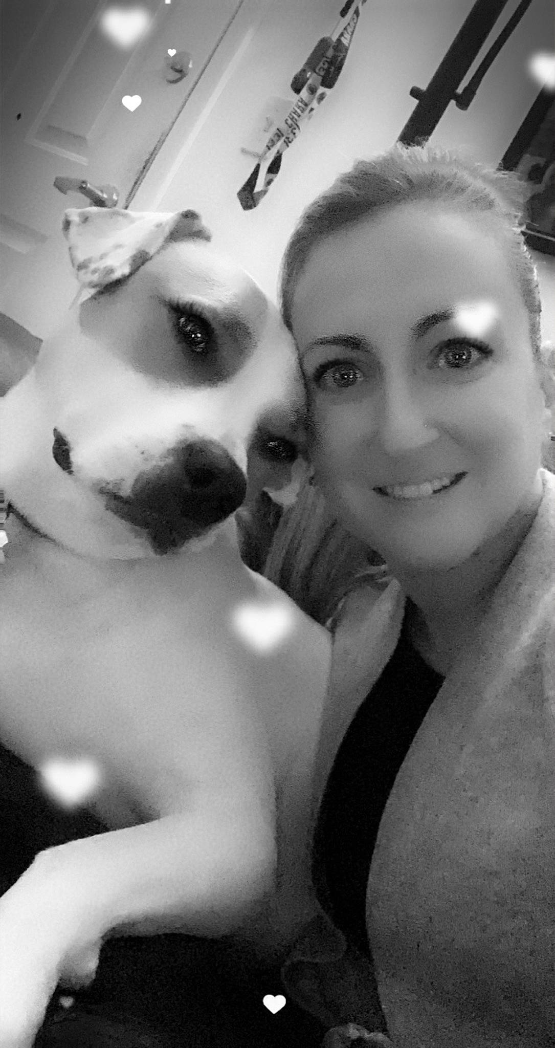 Taylin is registered to the contest to win money with this photo: barechested, black_and_white, canidae, carnivore, chest, companion_dog, dog, dog_breed, friendship, interaction, love, monochrome, monochrome_photography, photography, puppy_love, selfie, snout, trunk, white, working_dog