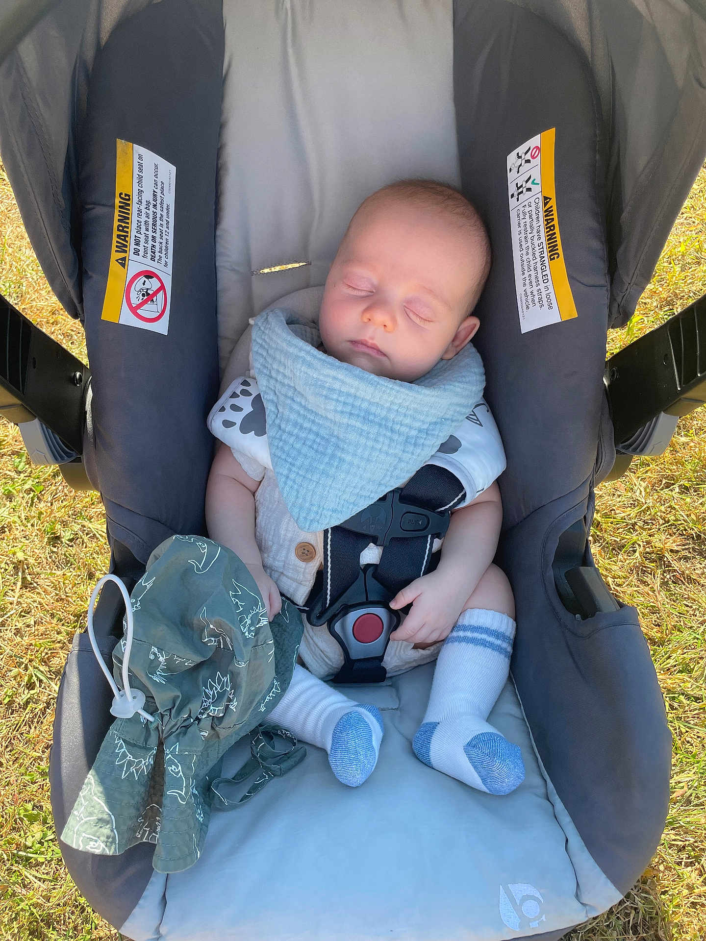 Lincoln joined the competition — help win amazing prizes! baby, sleeping, car_seat, baby_seat, bib, socks, hat, dinosaur_pattern, outdoor, grass, sunlight, infant, child, seat_belt, clothing, head, face, hand, rest, relaxation