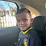 Aarôn a rejoint le concours — aidez-le/la à gagner de superbes lots ! boy, child, smile, car, window, sports_jersey, black_clothing, yellow_trim, hairstyle, seat, seatbelt, interior, portrait, young, casual, daylight, background_blur, happy, person, sitting