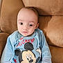 baby, child, mickey_mouse, blue_clothing, couch, soft_furniture, indoors, portrait, young_child, cute, sitting, person, apparel, face, head, expression, comfort, casual, infant, eyes