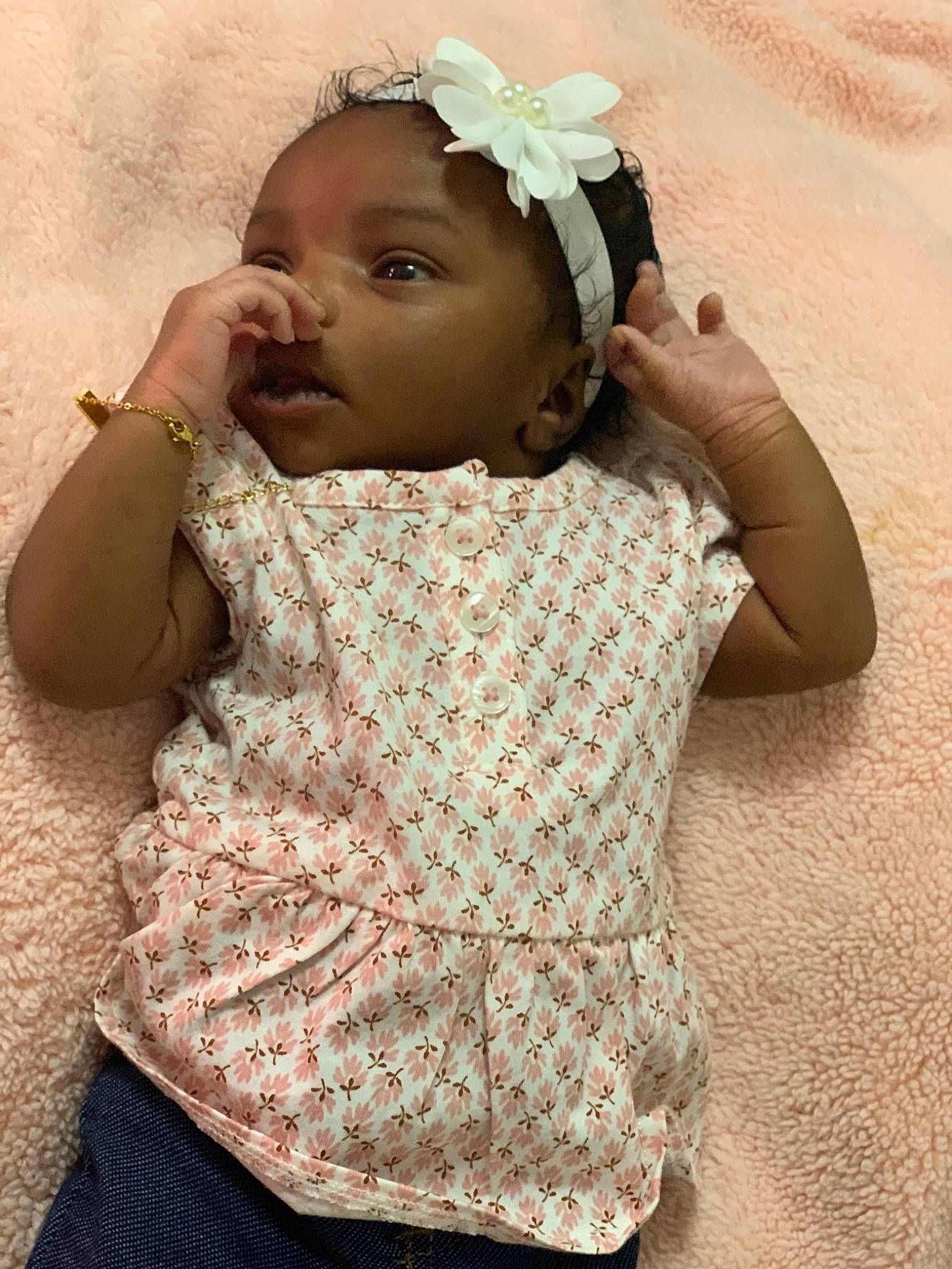 Kamille joined the competition — help win amazing prizes! baby, baby_toddler_clothing, beauty, dress, eye, eyelash, face, flower, hand, happy, headband, headgear, iris, lip, neck, person, pink, skin, sleeve, textile