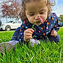 child, toddler, flower, grass, outdoor, nature, polka_dot, jacket, curly_hair, car, tree, sky, greenery, sitting, cute, playful, young_child, closeup, season_autumn, daylight