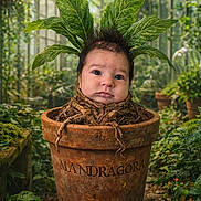 Chiara a rejoint le concours — aidez-le/la à gagner de superbes lots ! baby, mandrake, mandragora, plant_pot, greenhouse, leaves, roots, face, child, fantasy, surreal, nature, plants, garden, portrait, expression, indoor, foliage, cute, whimsical
