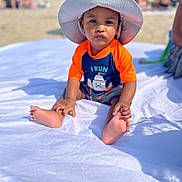 Ni Kai joined the competition — help win amazing prizes! toddler, child, beach, hat, sunhat, orange_clothing, blue_clothing, blanket, sand, people, umbrella, summer, outdoor, sunny, portrait, baby, feet, sitting, vacation, casual