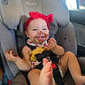 Autumn Faith joined the competition — help win amazing prizes! baby, child, car_seat, red_headband, messy_face, chocolate, food, smiling, happy, infant, seat_belt, car_interior, cute, hands, foot, headwear, clothing, straps, indoor, portrait