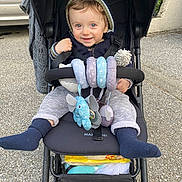 Arthur a rejoint le concours — aidez-le/la à gagner de superbes lots ! baby, child, stroller, toy, elephant_toy, smile, blue_eyes, clothing, hoodie, socks, outdoor, pavement, car, happy, cute, infant, seat_belt, play, baby_toy, person