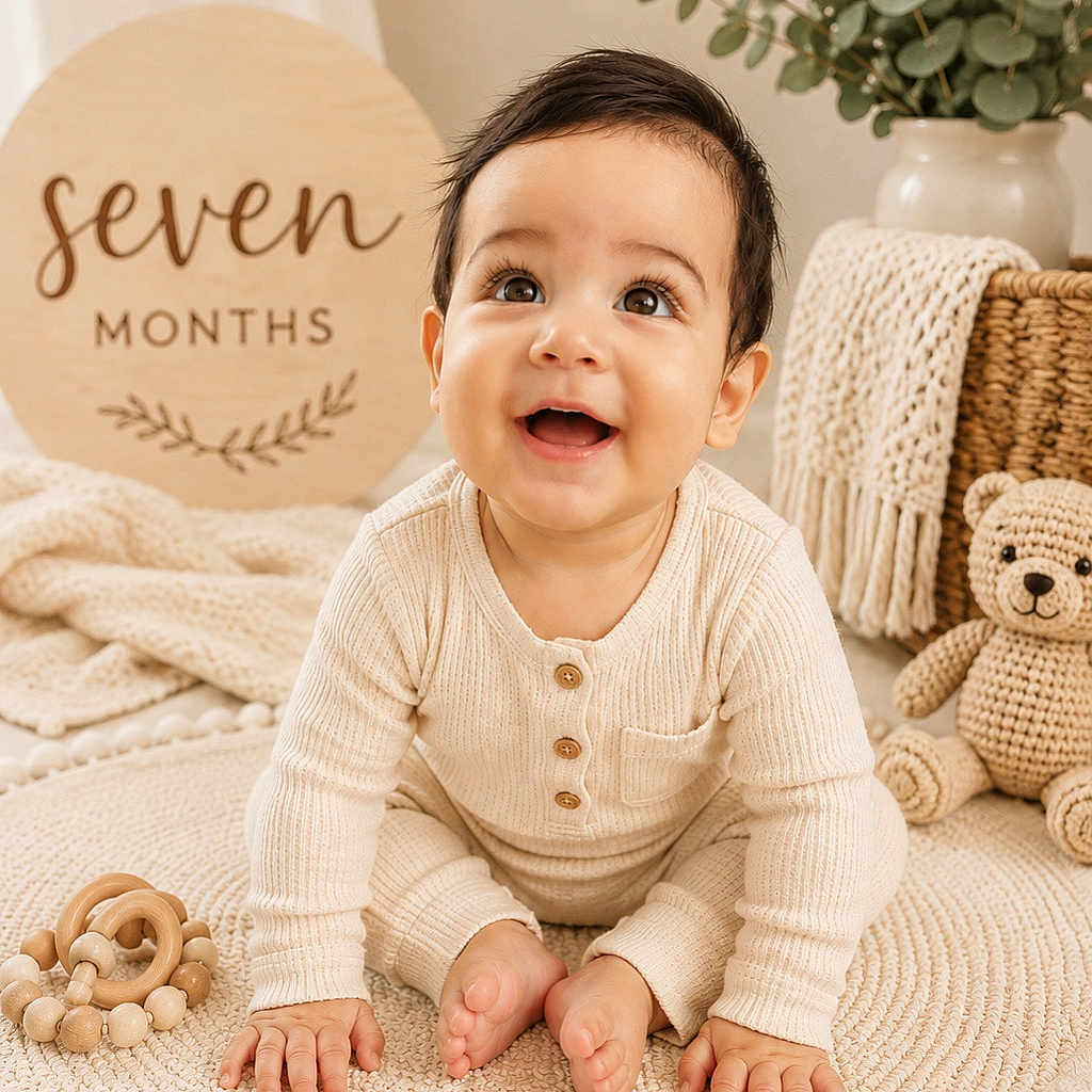 Luis Enrique is registered to the contest to win money with this photo: baby, infant, child, seven_months, sitting, smiling, happy, portrait, indoors, nursery, cream_colors, knitwear, rug, teddy_bear, teether, milestone_sign, plant, blanket, cozy, photography