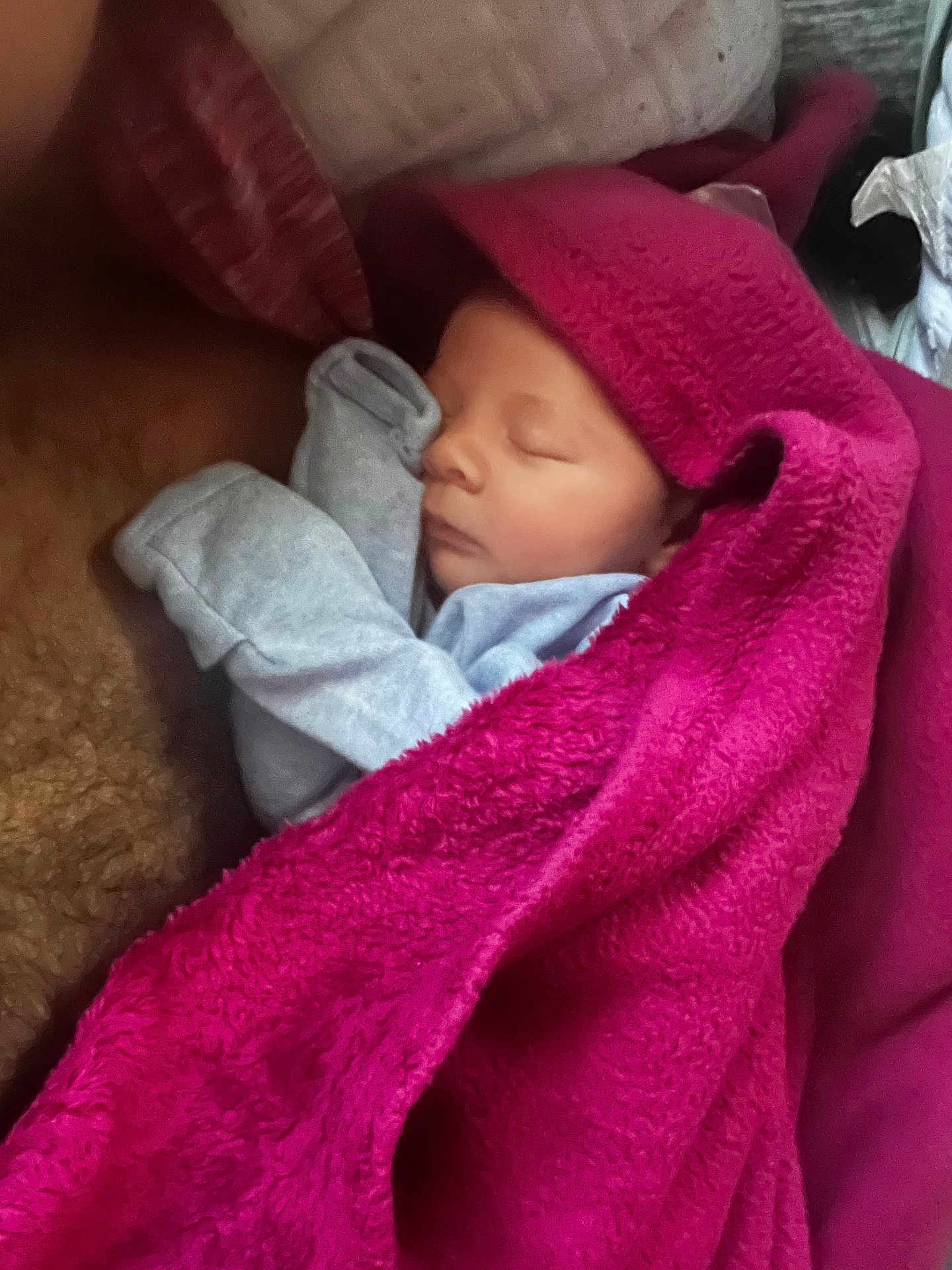 Elliot is registered to the contest to win money with this photo: baby, sleeping, blanket, pink, cozy, infant, soft, clothing, closeup, toddler, child, resting, warm, portrait, indoors, cute, peaceful, wrapped, newborn, face