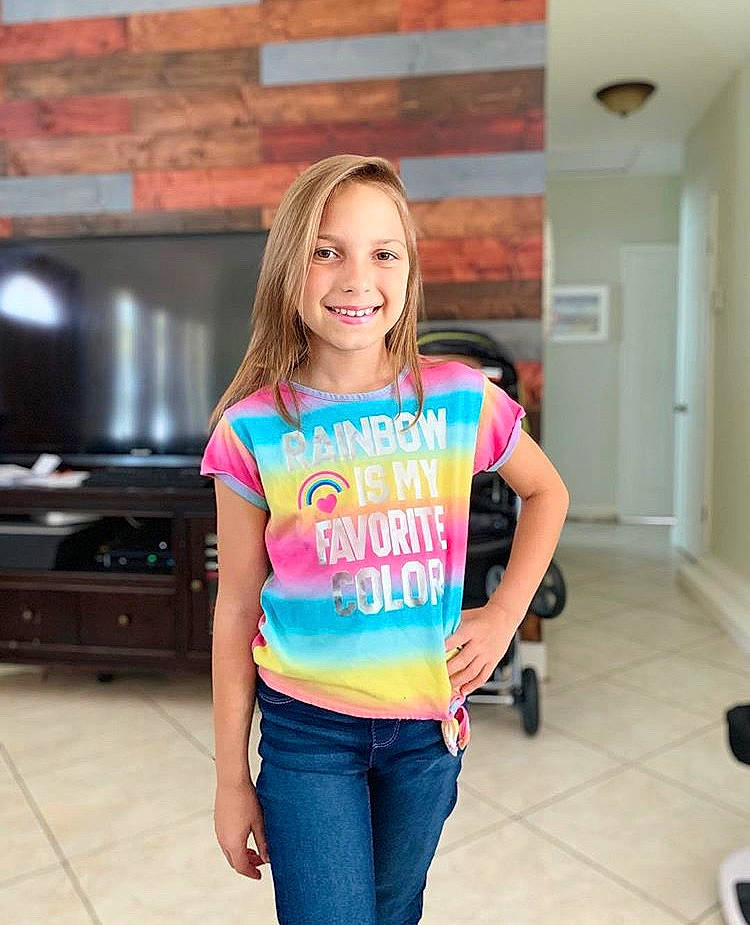Diana is registered to the contest to win money with this photo: child, child_model, clothing, cool, denim, jeans, joy, neck, person, product, shirt, shoulder, sleeve, smile, t_shirt, top