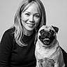Mochi joined the competition — help win amazing prizes! woman, person, pug, dog, pet, portrait, black_and_white, smiling, happy, sitting, indoors, studio, sweater, hair, face, collar, companion, animal, photography, monochrome