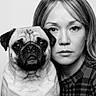 pug, dog, woman, person, portrait, black_and_white, grayscale, close_up, face, eyes, hair, sweater, plaid, pet, companion, indoors, studio, serious, posed, photography
