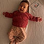 Elena participe au concours pour gagner de l'argent avec cette photo : baby, infant, smiling, sweater, knit_sweater, pants, blanket, bedding, milestone_card, card, lying_down, bare_feet, hands, portrait, cozy, indoor, cute, happy, bed, soft_light