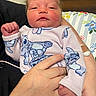 Sadie is registered to the contest to win money with this photo: baby, bed, care, cartoon_print, closeup, clothing, comfort, cute, hand, holding, hospital, infant, newborn, onesie, parent, person, pillow, rest, skin, sleepy