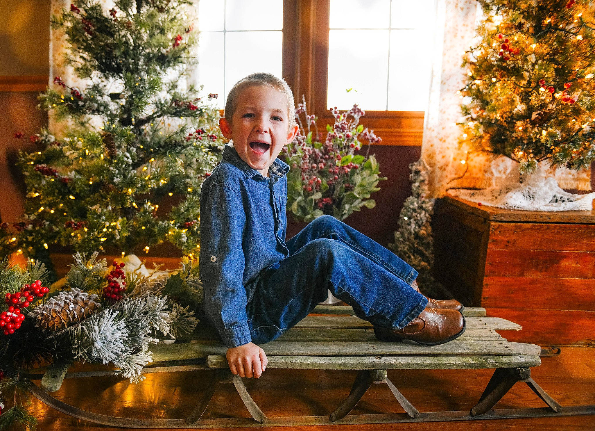 James joined the competition — help win amazing prizes! branch, christmas_decoration, christmas_ornament, christmas_tree, clothing, facial_expression, fun, happy, holiday_ornament, human_body, leaf, ornament, person, plant, red, smile, standing, tree, window, wood