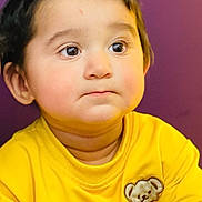Muhammad-Ali joined the competition — help win amazing prizes! background, bear_patch, child, closeup, clothing, curious, cute, expression, eyebrows, eyes, face, hair, head, indoors, person, portrait, skin, toddler, yellow_shirt, young_child
