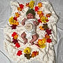Jalen is registered to the contest to win money with this photo: baby, infant, blanket, autumn_leaves, yellow_flowers, green_hat, white_onesie, wooden_sign, two_months, smiling, lying_down, soft_texture, seasonal, fall, cute, child, portrait, decorative, happy, cozy