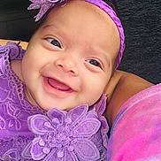 Isabella joined the competition — help win amazing prizes! baby, smiling, purple, headband, lace, flower, closeup, portrait, infant, happy, child, cute, apparel, face, person, indoors, soft, young, skin, expression