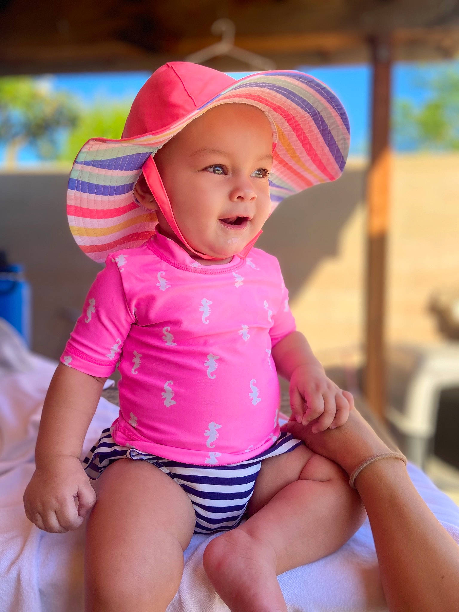 Kiara joined the competition — help win amazing prizes! baby, baby_toddler_clothing, cheek, fun, happy, hat, headgear, headwear, human_body, leisure, lip, mouth, person, pink, skin, sleeve, smile, summer, sun_hat, thigh
