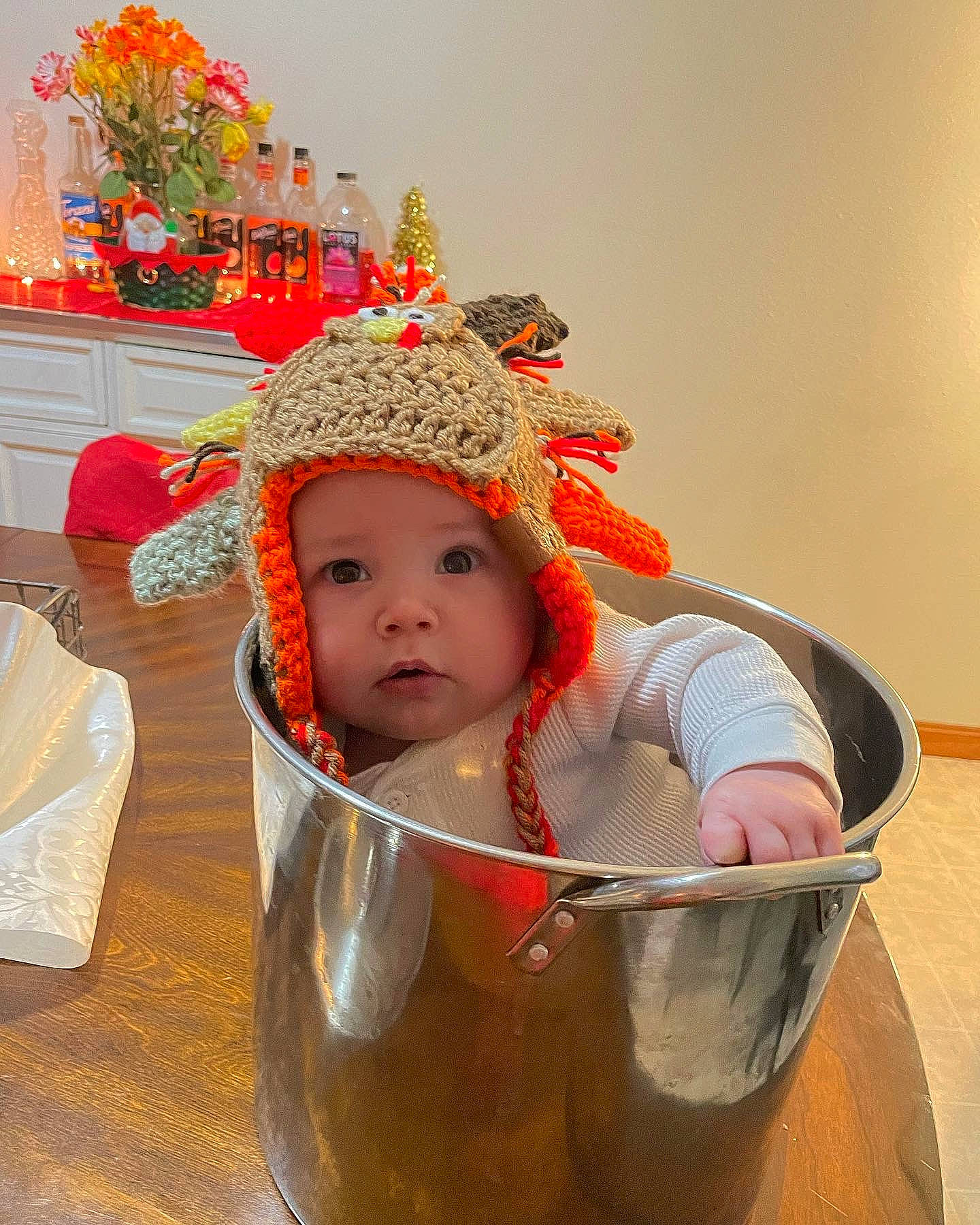 Tatum joined the competition — help win amazing prizes! baby, baby_products, baby_toddler_clothing, basket, bathing, bucket, cap, child, costume_hat, fashion_accessory, flower, fun, happy, hat, head, headgear, headwear, linens, person, personal_protective_equipment
