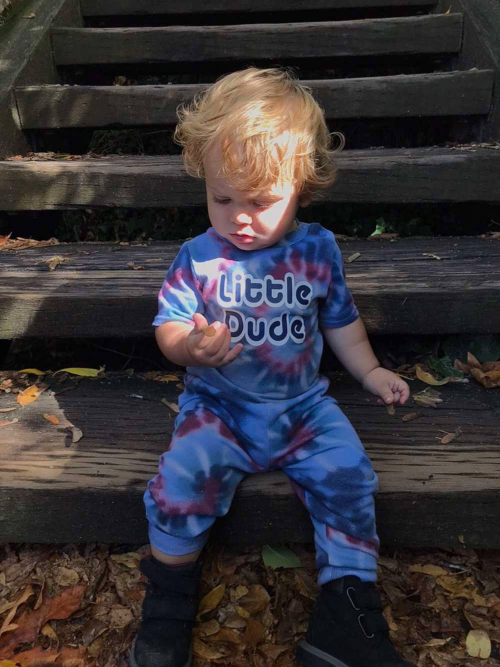 Bodie joined the competition — help win amazing prizes! baby, baby_toddler_clothing, child, cool, denim, electric_blue, fun, grass, hairstyle, leaf, people_in_nature, person, sitting, sleeve, soil, stairs, standing, t_shirt, toddler, tree