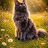 animal, butterfly, cat, closeup, cute, field, flower, fluffy_cat, grass, gray_cat, meadow, nature, outdoor, peaceful, pet, serene, summer, sunbeam, sunlight, wildflowers