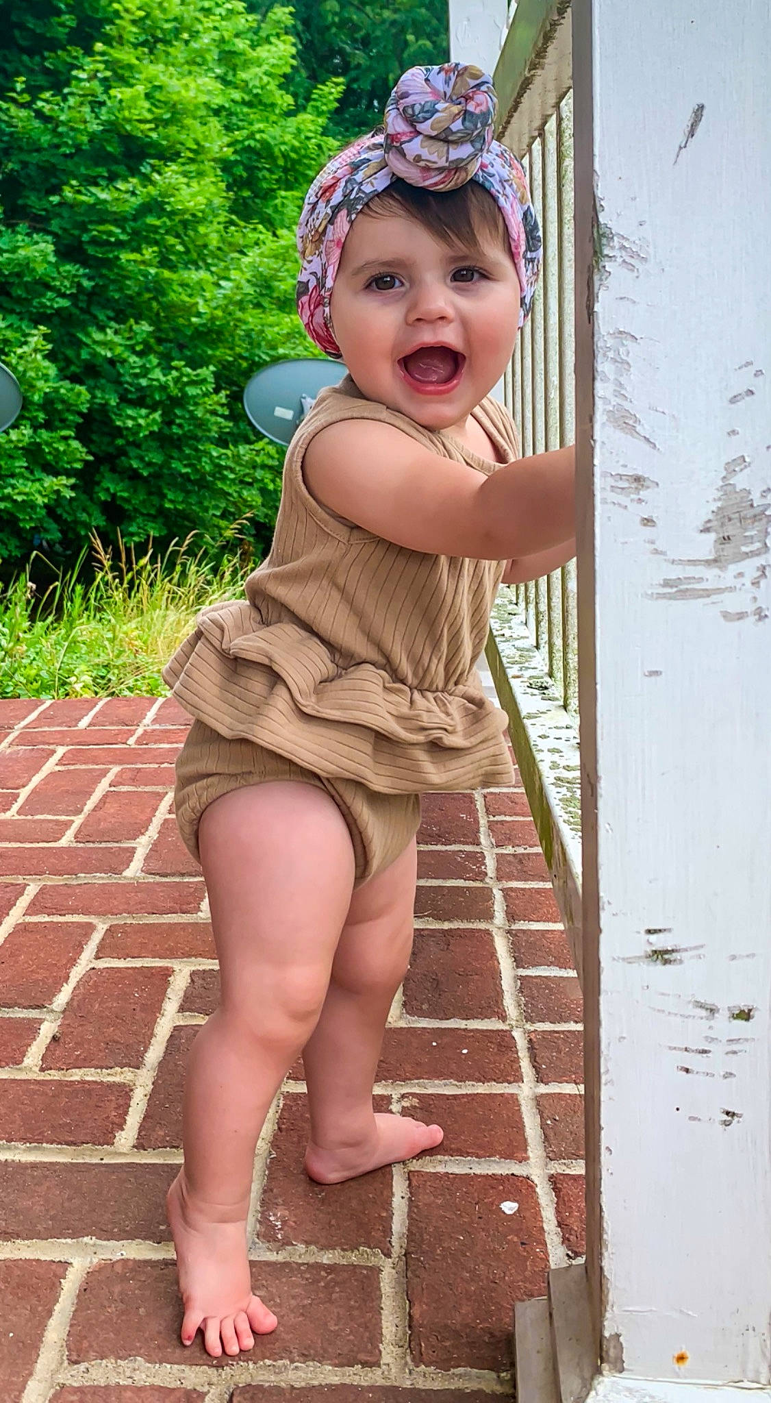 Analeigh joined the competition — help win amazing prizes! baby_toddler_clothing, beauty, eye, fawn, finger, green, hand, happy, head, headgear, headwear, human_body, knee, leg, people_in_nature, person, pink, plant, smile, snapshot
