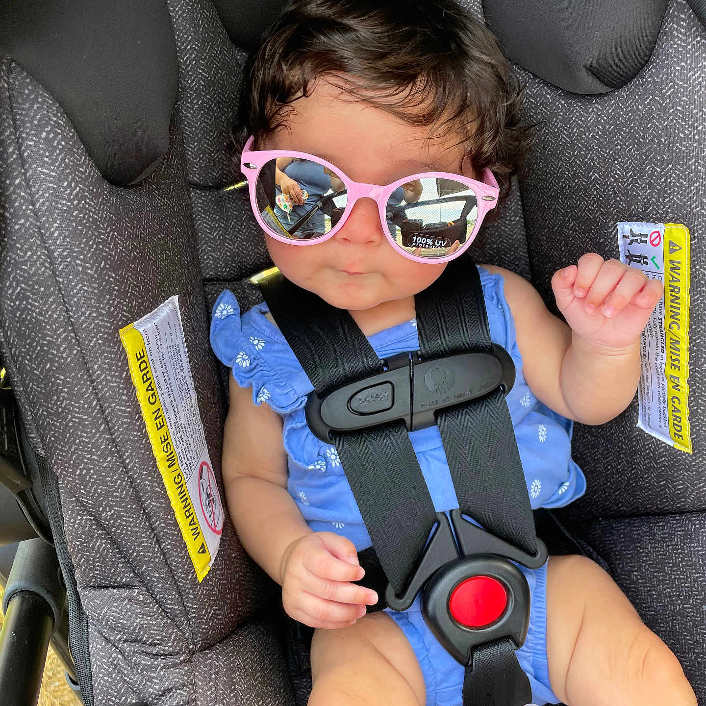 Ellie joined the competition — help win amazing prizes! accessories, baby, belt, car, car_interior, carseat, clothing, cushion, face, glasses, head, homedecor, lifejacket, person, photography, portrait, sunglasses, transportation, vehicle, vest