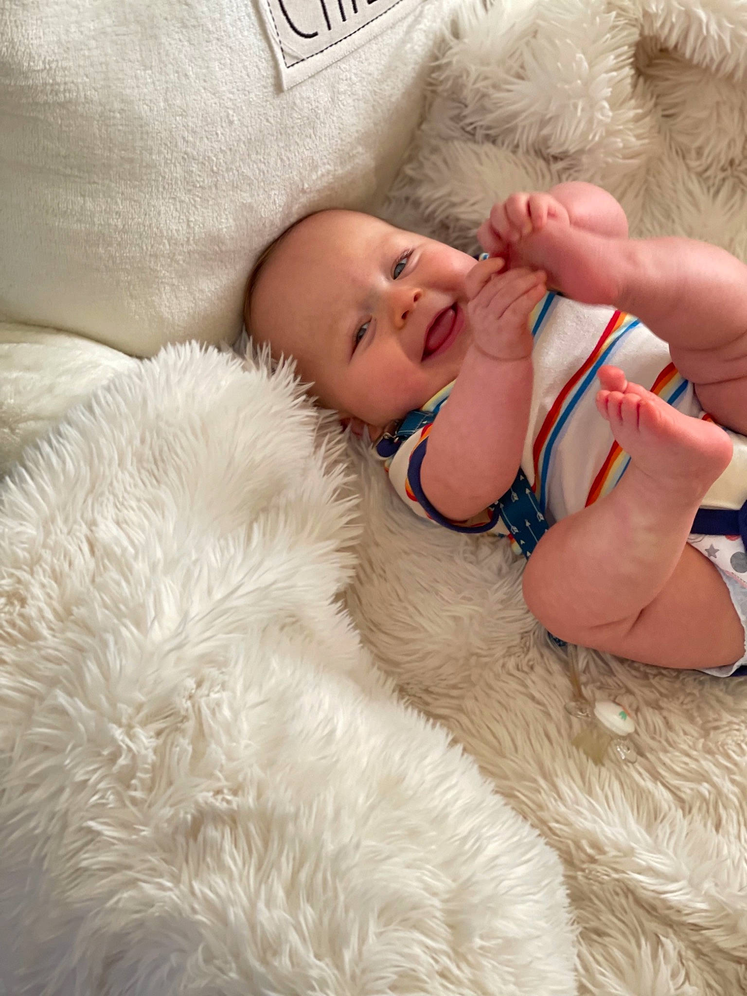 Emmett joined the competition — help win amazing prizes! abdomen, baby, baby_sleeping, baby_toddler_clothing, bed, bedding, comfort, eye, face, foot, fur, happy, head, human_leg, knee, leg, linens, person, skin, thigh