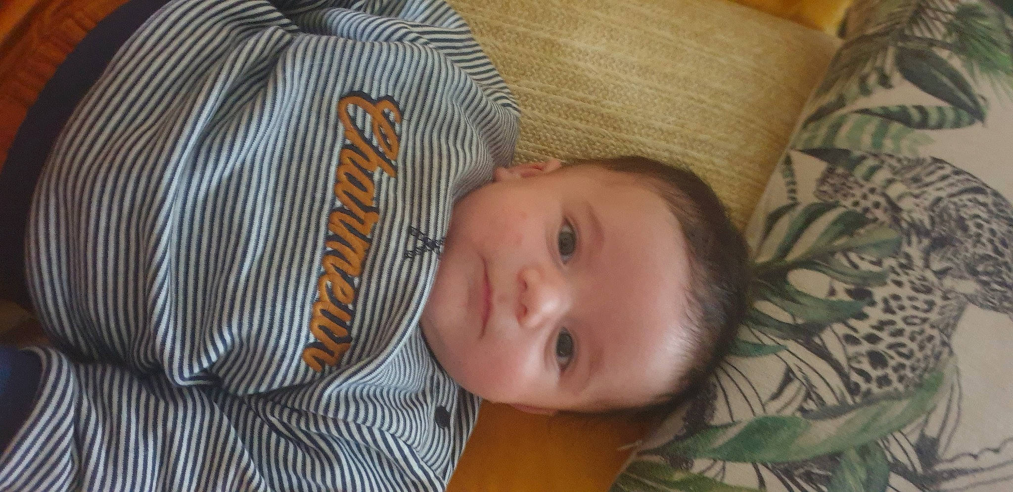 Elann participe au concours pour gagner de l'argent avec cette photo : baby, baby_toddler_clothing, cheek, child, comfort, eye, eyebrow, eyelash, grass, happy, iris, linens, lip, nose, pattern, person, skin, sleeve, smile, toddler