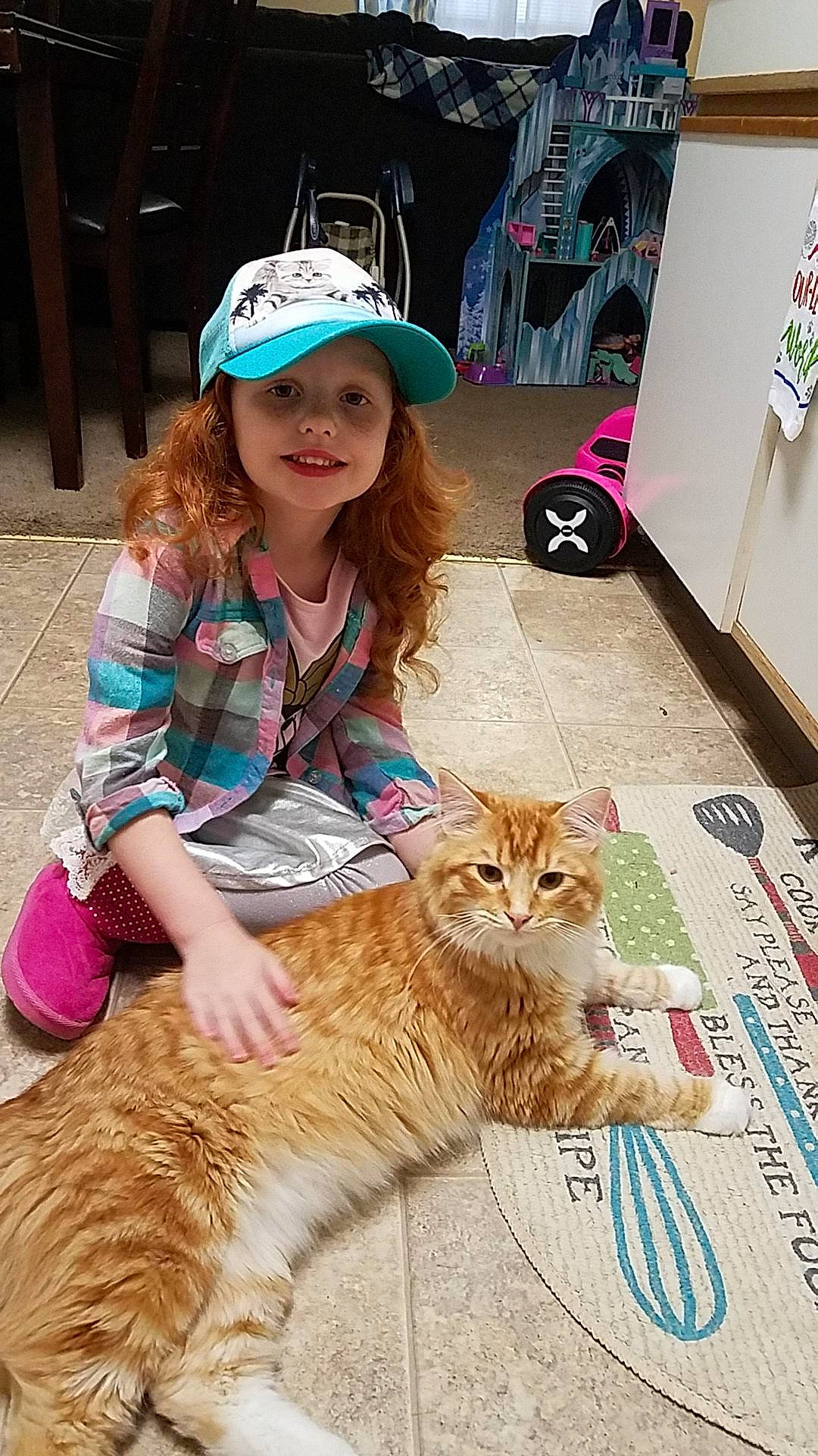 Nugget is registered to the contest to win money with this photo: baseball_cap, cap, carnivore, cat, child, domestic_short_haired_cat, fawn, felidae, flooring, fun, fur, mammal, pattern, paw, sitting, small_to_medium_sized_cats, tail, toddler, whiskers, wildlife