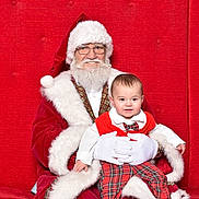Lukas is registered to the contest to win money with this photo: baby, bow_tie, celebration, child, christmas, festive_clothing, glasses, happy, holiday, indoor, person, plaid, portrait, red_background, red_suit, santa_claus, seated, smiling, white_beard, white_gloves