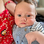 Lucas joined the competition — help win amazing prizes! baby, child, person, face, eyes, clothing, striped_clothing, overalls, hand, floral_dress, red_clothing, skin, portrait, indoor, closeup, cute, infant, holding, soft_focus, warm_lighting