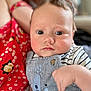 baby, child, person, face, eyes, clothing, striped_clothing, overalls, hand, floral_dress, red_clothing, skin, portrait, indoor, closeup, cute, infant, holding, soft_focus, warm_lighting