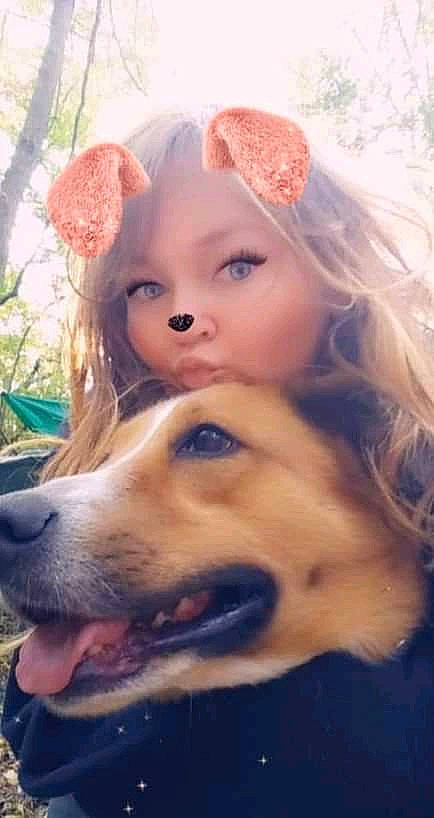 Fisher is registered to the contest to win money with this photo: blond, brown_hair, carnivore, child, companion_dog, dog, dog_breed, doll, dress, eyelash, fawn, fun, fur, happy, selfie, sunglasses, toddler, toy, whiskers, wig
