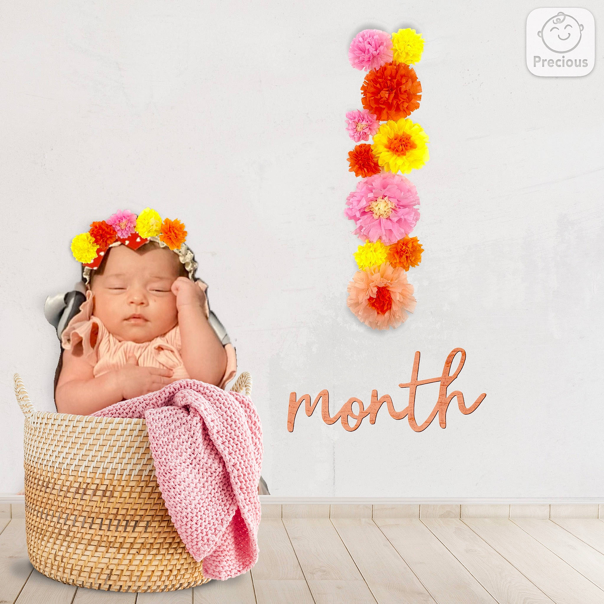 Khadija participe au concours pour gagner de l'argent avec cette photo : artificial_flower, baby, baby_sleeping, baby_toddler_clothing, chair, cut_flowers, fashion_accessory, flower, flower_arranging, font, happy, headband, headpiece, headwear, magenta, peach, person, petal, pink, plant