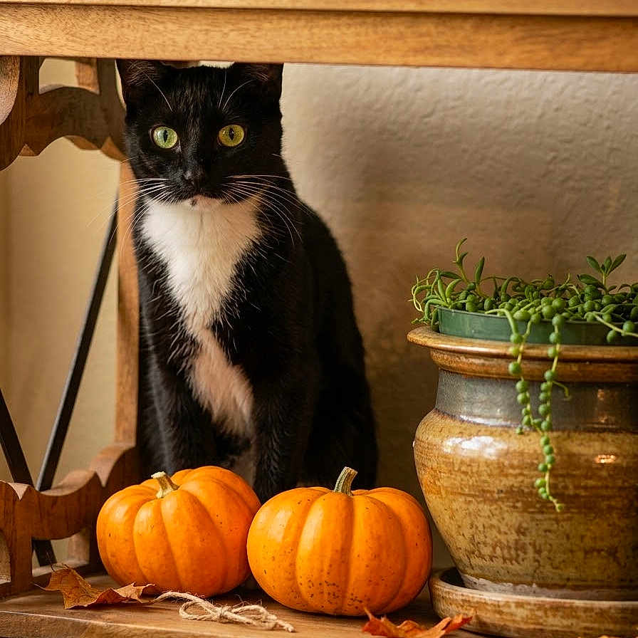 Figgy Pudding is registered to the contest to win money with this photo: animal, autumn, black_and_white, cat, feline, green_eyes, home_decor, indoor, pet, portrait, potted_plant, pumpkins, rustic, sitting, still_life, succulent, tuxedo_cat, warm_lighting, whiskers, wooden_shelf