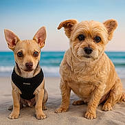 Tanner joined the competition — help win amazing prizes! dog, beach, sand, ocean, sky, harness, cute, pet, animal, outdoor, sunny, fur, portrait, two_dogs, sitting, nature, daytime, closeup, curious, friendly