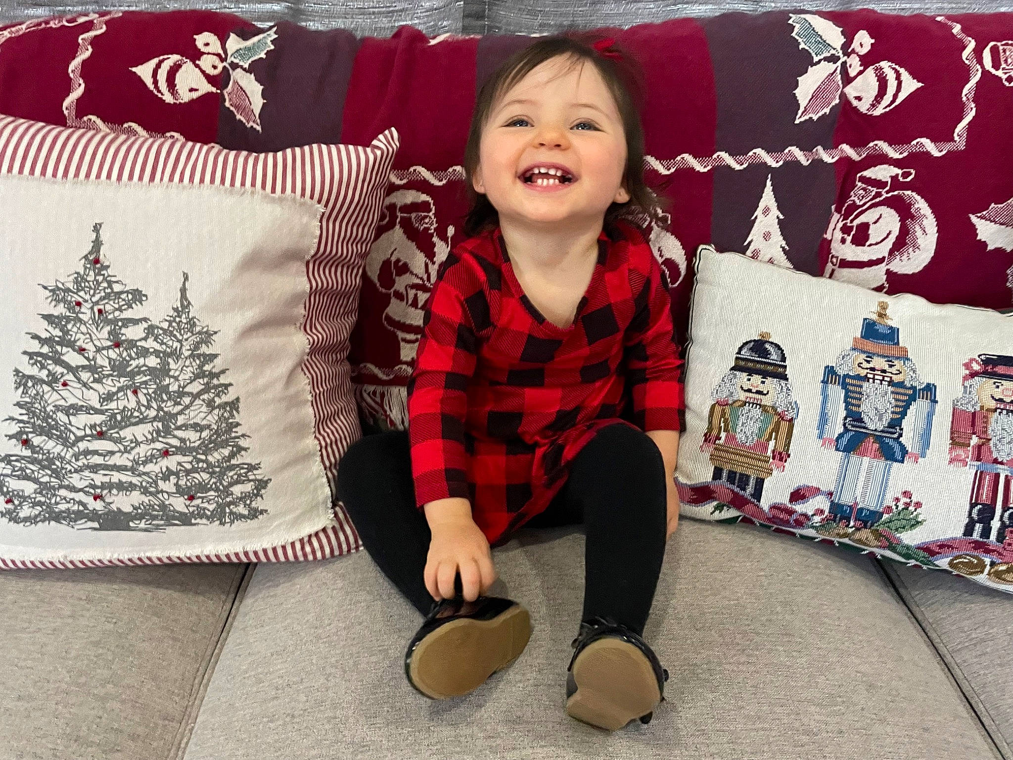 Victoria joined the competition — help win amazing prizes! baby_toddler_clothing, christmas, christmas_decoration, christmas_tree, event, happy, head, holiday, joy, linens, pattern, person, plaid, product, sleeve, smile, t_shirt, tartan, textile, toddler