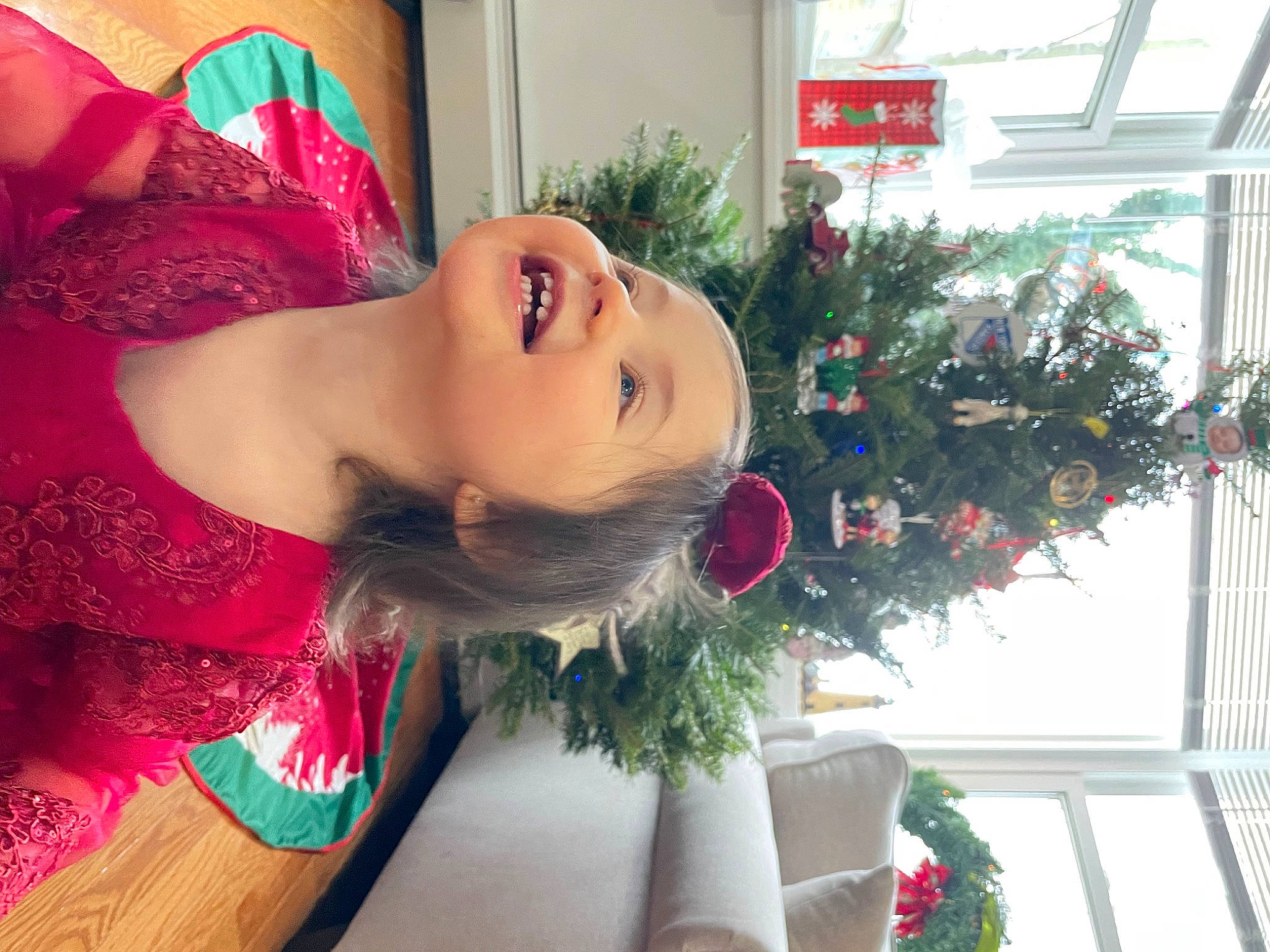 Victoria is registered to the contest to win money with this photo: christmas_decoration, christmas_ornament, dress, event, eyelash, fashion_design, floral_design, floristry, flower_arranging, happy, holiday, holiday_ornament, joy, magenta, person, plant, red, smile, tradition, tree