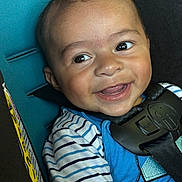 Dakota joined the competition — help win amazing prizes! baby, blue_clothing, car_seat, child, closeup, cute, face, happy, head, indoors, infant, person, portrait, safety, seat, seatbelt, skin, smiling, striped_shirt, young_child