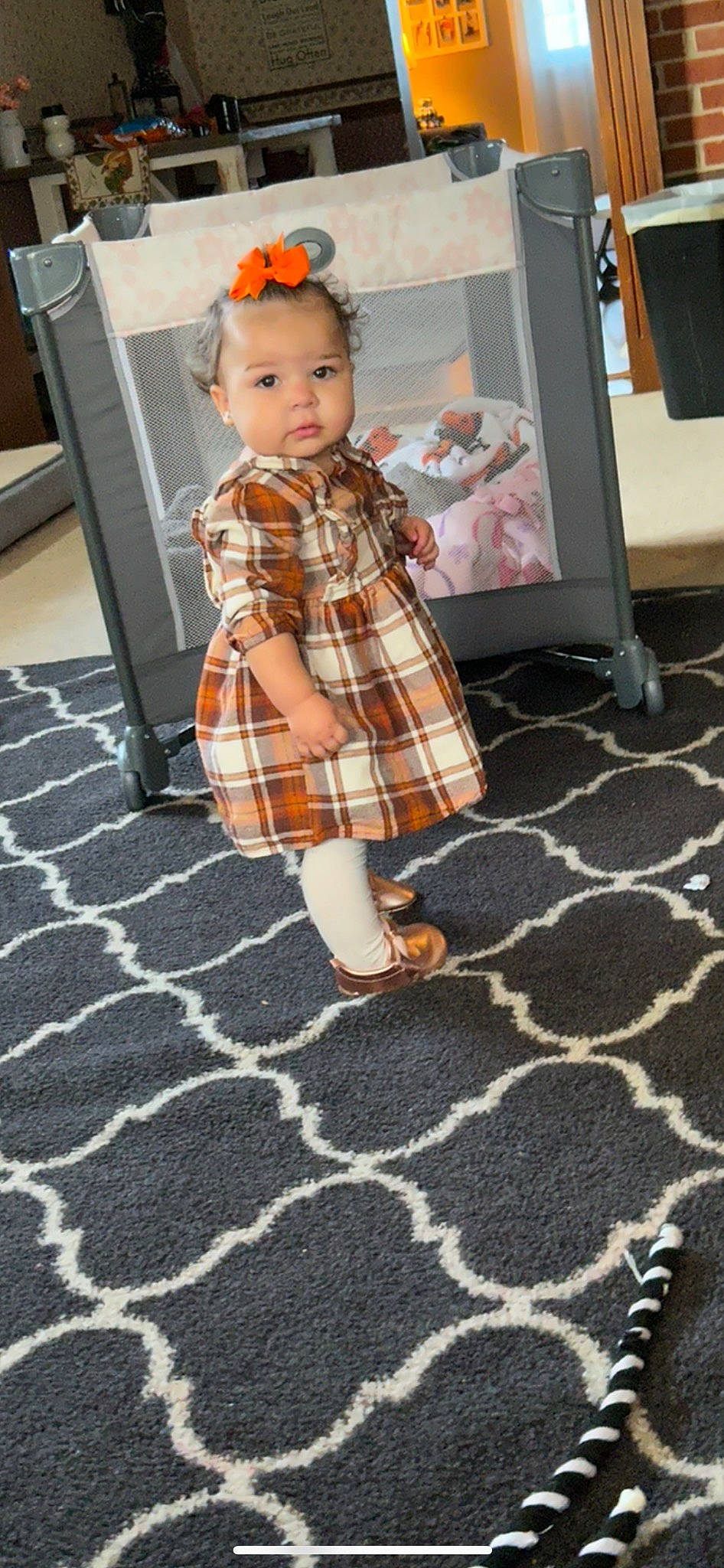Harlow is registered to the contest to win money with this photo: carpet, child, doll, fashion_design, floor, flooring, formal_wear, fur, hairstyle, hardwood, human_leg, pattern, person, plaid, room, sleeve, sock, tartan, toddler, toy