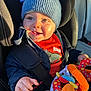 toddler, child, car_seat, blue_hat, jacket, plush_toy, colorful_toy, happy, smiling, indoors, seatbelt, clothing, person, face, hand, sunlight, car_interior, window_light, cute, baby