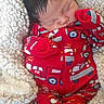 Aziel joined the competition — help win amazing prizes! baby, newborn, sleeping, red_onesie, fire_truck_pattern, blanket, cozy, infant, cute, resting, child, soft_texture, warm, portrait, indoors, sleep, peaceful, face, hand, clothing