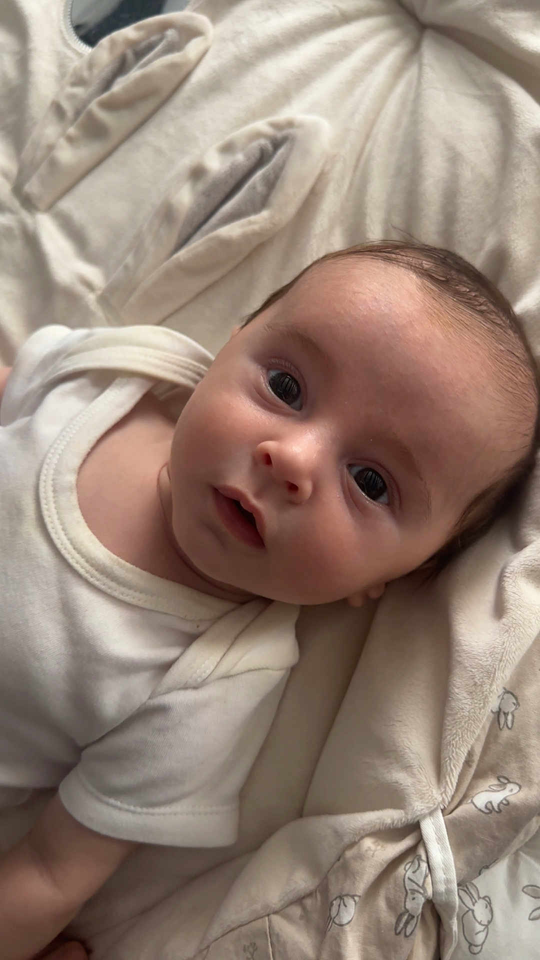 Lior a rejoint le concours — aidez-le/la à gagner de superbes lots ! baby, blanket, bunny_pattern, child, comfort, curious, cute, expression, eyes, face, head, indoors, infant, laying_down, newborn, onesie, portrait, skin, sleepwear, soft_texture