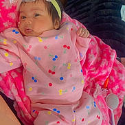 Maria joined the competition — help win amazing prizes! baby, infant, pink_outfit, headband, blanket, cherry_pattern, cute, cozy, soft_texture, sleepwear, child, indoors, portrait, person, laying_down, fuzzy, comfy, adorable, young_child, resting