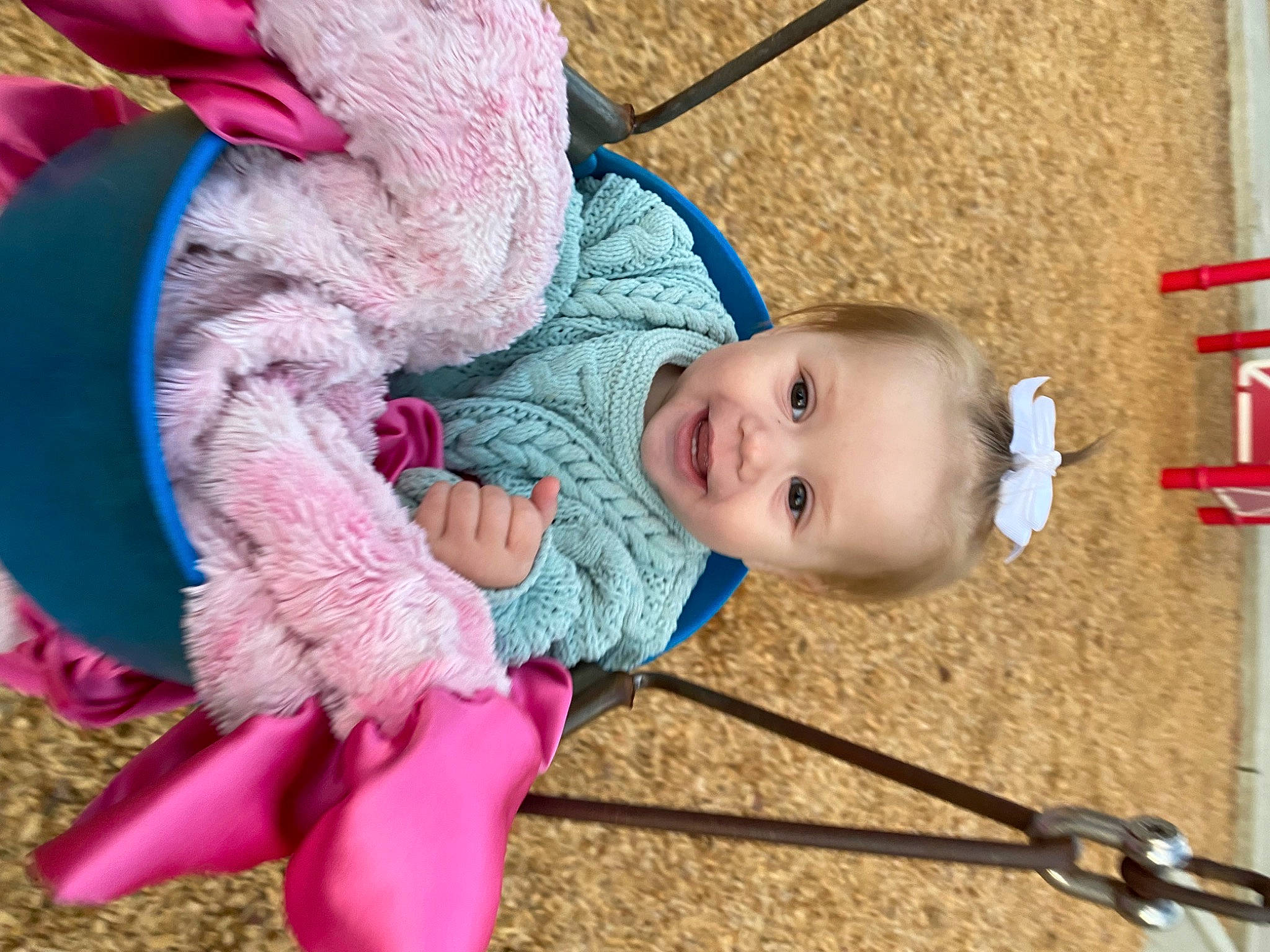 Everleigh joined the competition — help win amazing prizes! baby, baby_products, baby_toddler_clothing, cheek, child, clothing, eye, face, facial_expression, fun, happy, head, human_body, magenta, person, pink, skin, smile, toddler, wool
