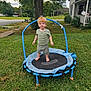 toddler, child, trampoline, barefoot, grass, tree, house, outdoor, yard, bicycle, clothing, green, blue, play, summer, daylight, suburban, curious, small, red_hair